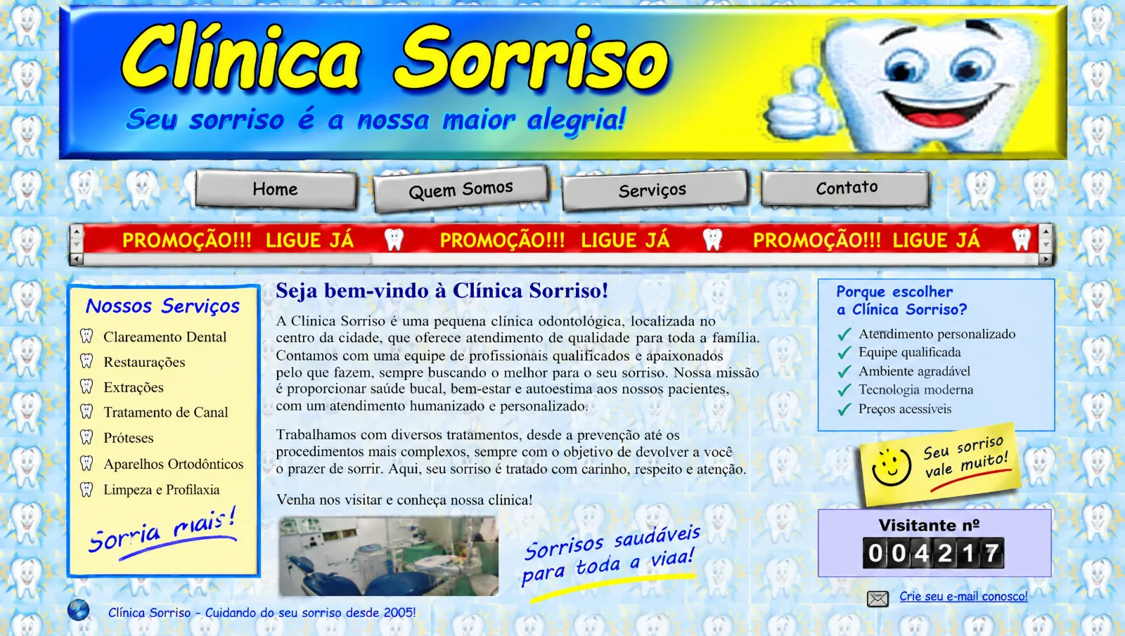 Antes: site amador e poluído, com cores berrantes, clip-art e contador de visitas