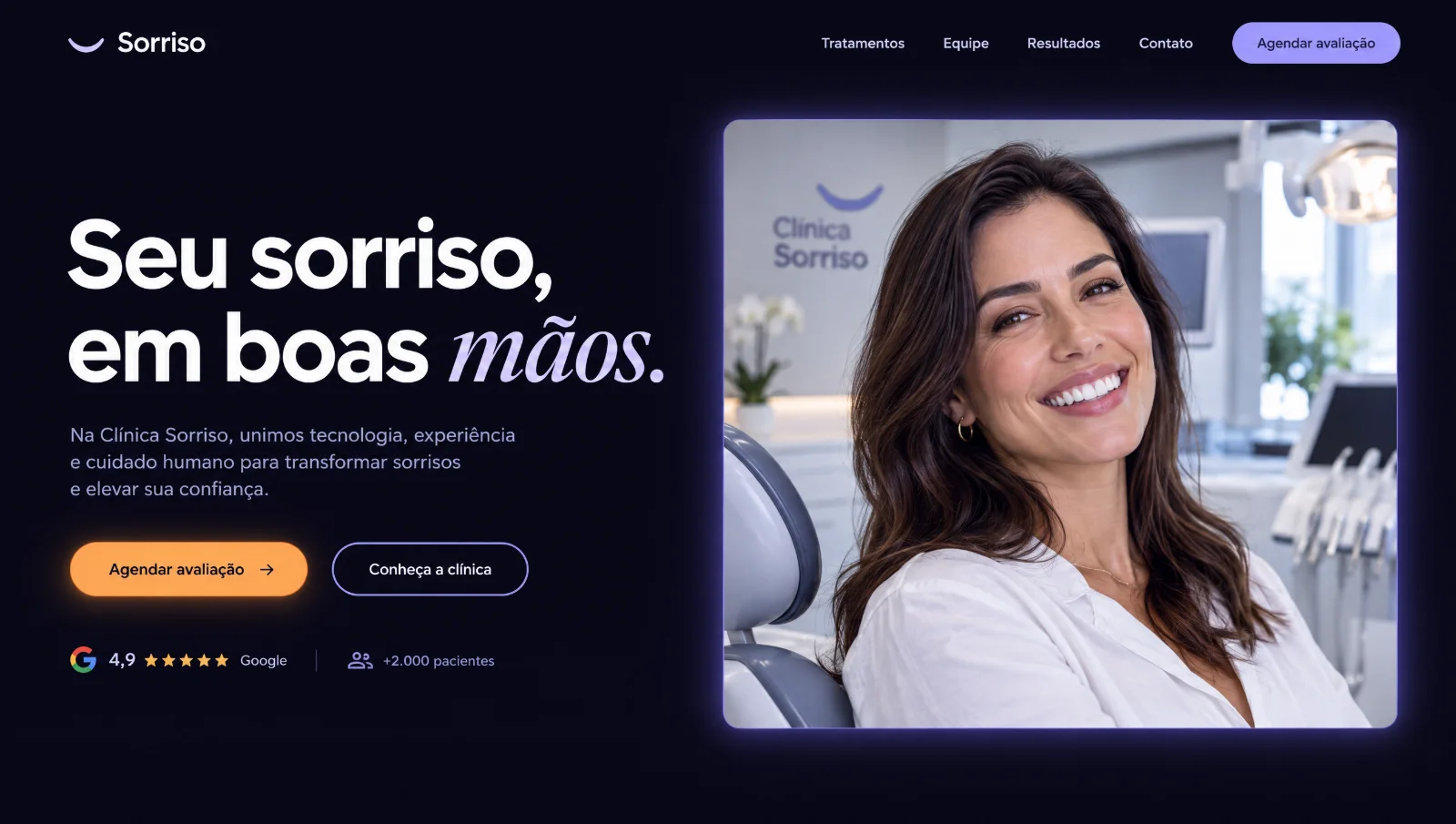 Depois: site profissional, escuro e elegante, com título claro e botão de agendamento em destaque